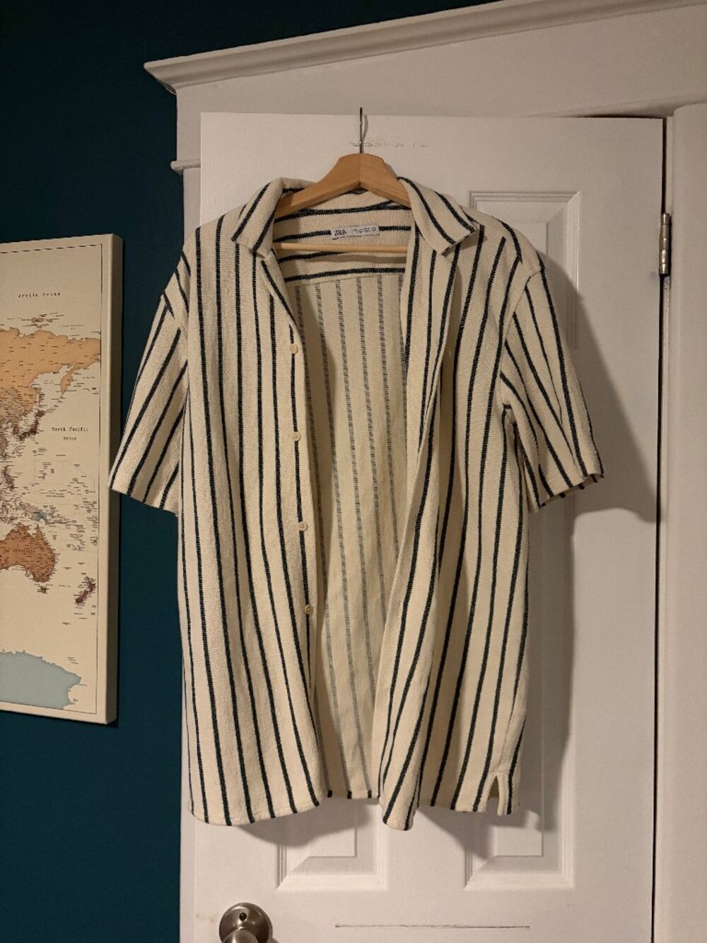 Zara Textured Knit Striped Camp Collar Shirt Cream Dark Green Short Sleeve Sz L